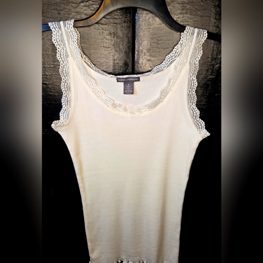 Y2K Isabella Rodriguez Cream Lace Tank Top With Lace Trim Size Small - Picture 2 of 7